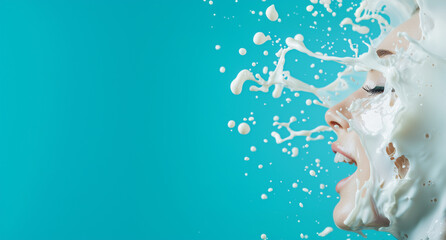 Aufkleber - woman with milk splashing on her face against blue background