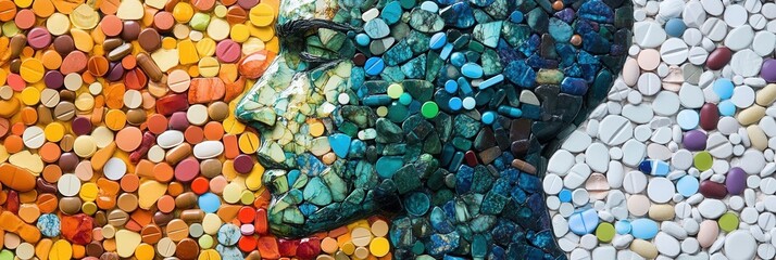 Aufkleber - Colorful mosaic of pills creating a human silhouette highlighting artistic interpretation and intricate details Generative AI