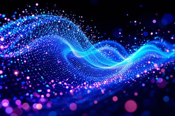 Wall Mural - abstract waves of glowing dots and lines on dark background.