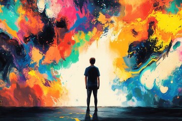 Aufkleber - Creative artist stands before a vibrant canvas filled with splashes of color portraying boundless imaginative energy in a studio setting
