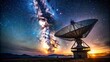 © NongPim - Vast cosmic landscape featuring a large radio telescope silhouetted against a breathtaking sunset and the majestic Milky Way galaxy, a testament to humanity's quest for knowledge beyond Earth.