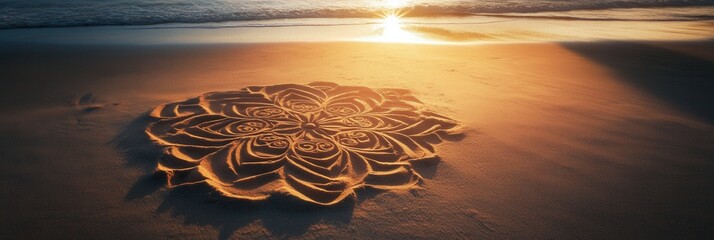 Leinwandbilder - Intricate sand drawings in warm golden light create artistic symbols on a serene beach at sunset