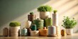 © NongPim - A collection of natural fiber spools arranged with potted plants in a sunlit space