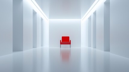 Aufkleber - A completely white-walled room with a single red chair in the center
