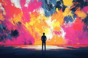 Poster - Artist explores creative energy in front of a vibrant canvas filled with paint splashes during an inspiring moment of artistic expression