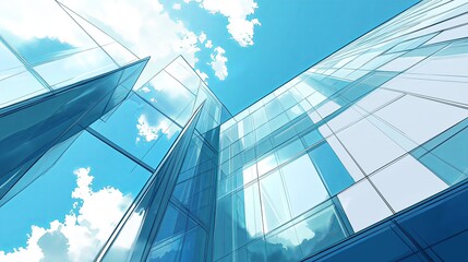 Fototapete - A minimalist glass building reflecting a soft blue sky.