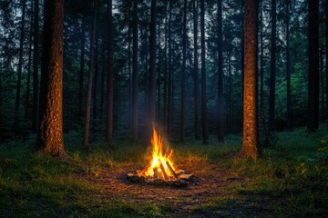 Poster - Solitary campfire flickers in a forest clearing at night illuminating the surrounding trees and creating a cozy atmosphere Generative AI