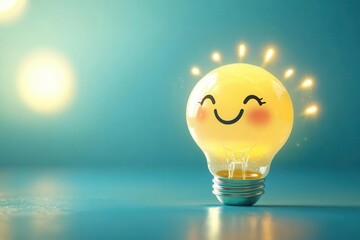 Wall Mural - whimsical illustrated light bulb character with animated facial features, radiating warm golden light waves against turquoise background