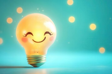 Wall Mural - whimsical illustrated light bulb character with animated facial features, radiating warm golden light waves against turquoise background