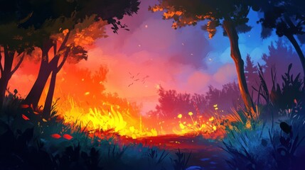 Wall Mural - a serene sunset over mountains with a campfire in the foreground.