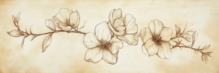 Aufkleber - Hand drawn botanical sketches on aged paper showcasing detailed floral line art with a soft vintage aesthetic and elegant balance