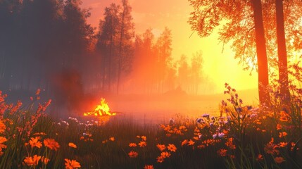 Wall Mural - a serene sunset over mountains with a campfire in the foreground.