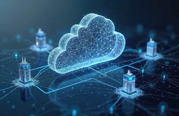 Fototapete - Illustration of data transfer cloud computing tech concept. Large cloud icon with internal connections in center. Data centers, network nodes connected to cloud server. High quality generative AI
