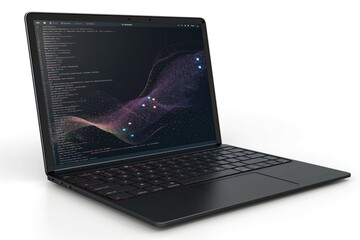 sleek black laptop displaying dynamic coding interface with vibrant digital graphics.