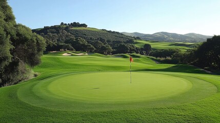 Poster - Serene golf course featuring a flag marking the hole surrounded by rolling green hills and ample space for branding Generative AI