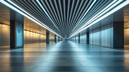 Aufkleber - A modern, empty airport hallway with symmetrical lighting