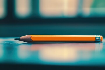Aufkleber - Bright orange pencil rests on a wooden table with blurred background in a well-lit room during daytime