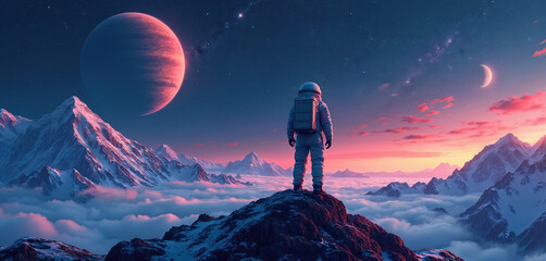 Wall Mural - astronaut in spacesuit stands on mountain top watching pink sunset on distant planet with snow mount