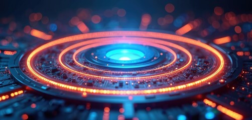 Fototapete - Futuristic tech background with concentric circles, colored lights. Abstract science fiction material. Neon glow art design with blue, orange shine, three-dimensional render, modern conceptual