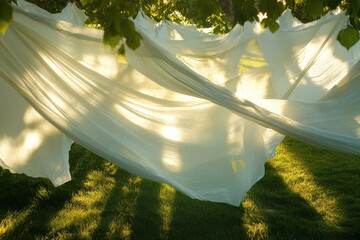 Poster - Soft white fabric drapes shine in the golden glow of afternoon sunlight in a tranquil garden setting
