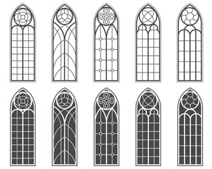 Church windows with stained glass pattern. Cathedral vintage arches. Silhouettes of castle frames. Catholic borders set on white background. Vector decorative architecture elements