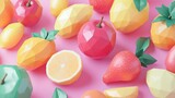 Low-poly fruit arrangement on pink background;  food blog, website