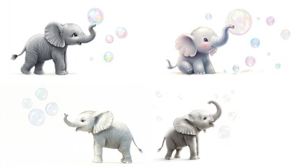  Four adorable baby elephants blowing iridescent bubbles.