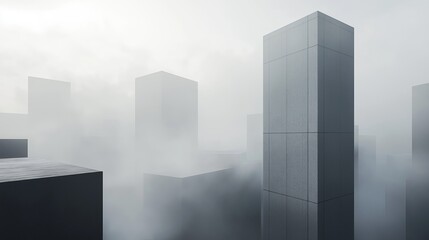 Aufkleber - A single skyscraper with no windows, placed in a foggy cityscape