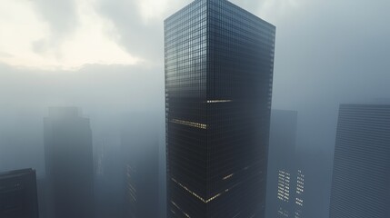 Aufkleber - A single skyscraper with no windows, placed in a foggy cityscape