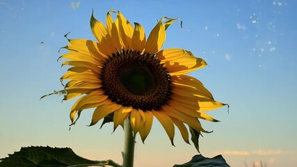 Wall Mural - vibrant close up golden sunflower gently swaying bright blue sky captured low angle perspective crisp ultra HD video
