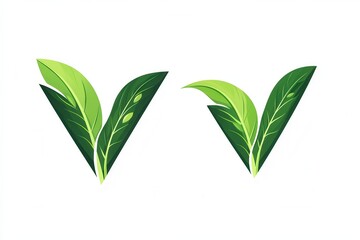 Poster - Creative vegetarian food logo design featuring vibrant green leaves and a modern letter V symbolizing healthy living and sustainability