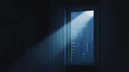 Aufkleber - A window with a single light illuminating an otherwise dark cityscape