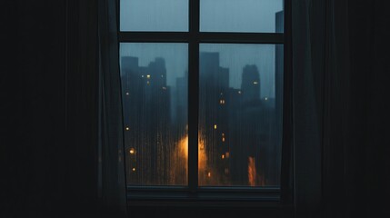 Aufkleber - A window with a single light illuminating an otherwise dark cityscape
