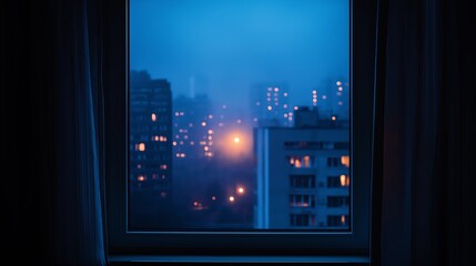 Aufkleber - A window with a single light illuminating an otherwise dark cityscape.