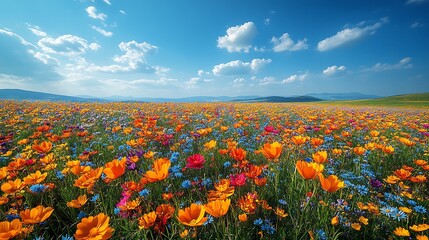a flourishing meadow with colorful wildflowers beneath a warm and radiant blue sky