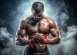© TATSIANA - Boxer wraps his hands with focus and determination before an intense training session sweat dripping down his muscular abs under dramatic moody lighting with ample copy space