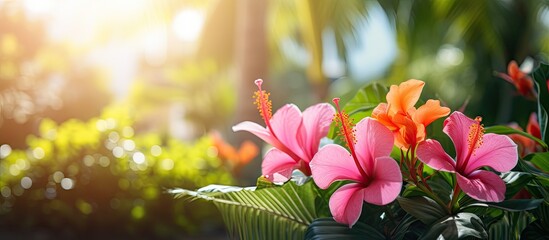 Aufkleber - Vibrant hibiscus flowers in shades of pink and orange on lush green foliage illuminated by warm sunlight in a tropical garden setting.
