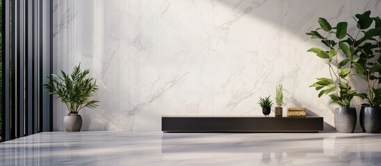 Poster - Modern minimalist interior with marble wall, black shelf, and greenery. Bright light from the left highlighting the space's simplicity and elegance.