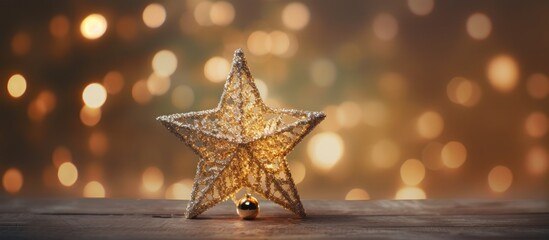 Aufkleber - Glowing wireframe star ornament positioned centrally against a soft bokeh background of warm golden hues for a festive holiday ambiance