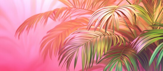 Aufkleber - Tropical palm leaves in vibrant shades of green and pink against a soft pink background creating a serene and exotic atmosphere.