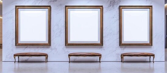Fototapete - Three decorative gold picture frames arranged symmetrically on a white marble wall with three elegant benches positioned in front for the art exhibit.