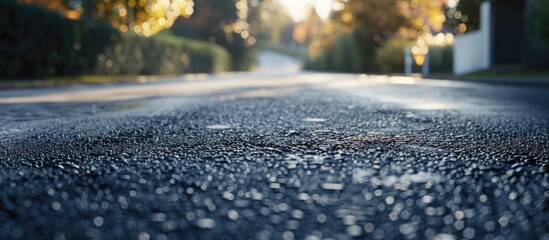 Poster - Asphalt road with a blurred background of greenery and trees under soft sunlight creating a tranquil urban scene for copy space.