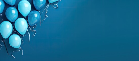 Poster - Festive blue background with varying shades of light to dark blue balloons clustered in the top left corner ideal for celebrations and events.