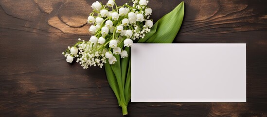 Fototapete - Delicate white lily of the valley flowers with green leaves beside a blank white card on a dark wooden table background