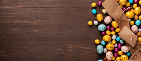 Poster - Colorful Easter eggs in pastel shades of blue pink and yellow scattered on a dark wooden background with brown paper bag accents for kids party decor