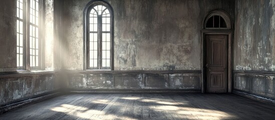 Poster - Abandoned studio backdrop featuring weathered walls, tall windows casting soft light, and a wooden door, creating an atmospheric photography setting.