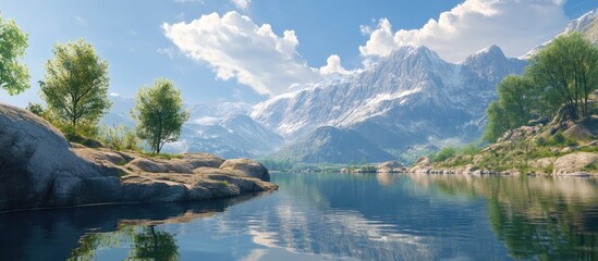 Aufkleber - Serene lakeside landscape featuring crystal clear water reflecting majestic mountains under a bright blue sky with fluffy clouds and lush green trees