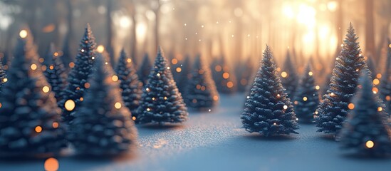Aufkleber - Snow-covered Christmas tree farm with symmetrical rows of evergreen trees, warm sunlight filtering through a misty forest background.