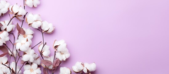 Poster - Fluffy cotton flowers in white and soft pink arranged on the lower left corner of a lilac background, ample space for text on the right.