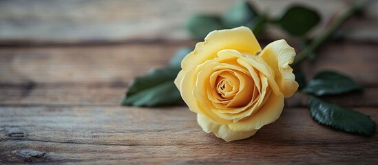 Fototapete - Yellow rose with green leaves positioned on a rustic wooden table, creating a warm and inviting floral theme with a soft background.